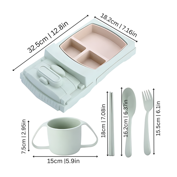 Bento-Box Set mit Besteck und Tasse, grün, BPA-frei, ideal für Kinder, 32,5 cm x 18,2 cm.