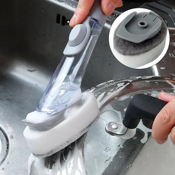 Küchenspüle Schrubber, grauer Geschirrspülbürste mit Seifenspender, Reinigungswerkzeug.