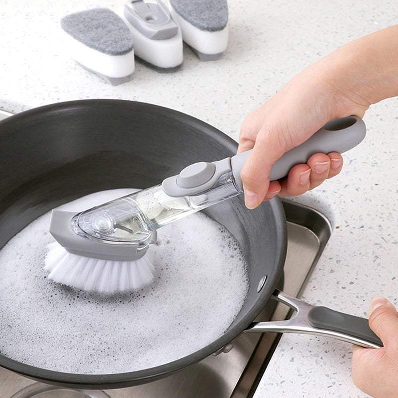 Graue Geschirrspülbürste mit Seifenspender, Reinigungstopf, Küche, langlebig, ergonomisch.