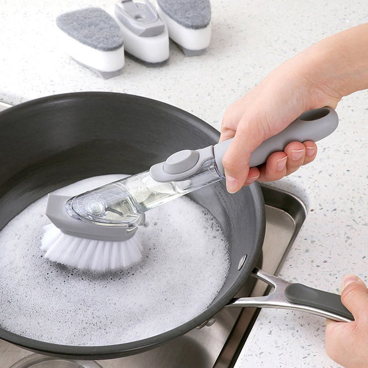 Graue Geschirrspülbürste mit Seifenspender, Reinigungstopf, Küche, langlebig, ergonomisch.