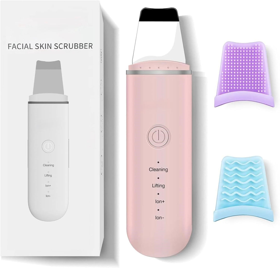 Rosa Gesichtshautreiniger Ultraschall Peeling Gerät mit Verpackung und Silikonaufsätzen.