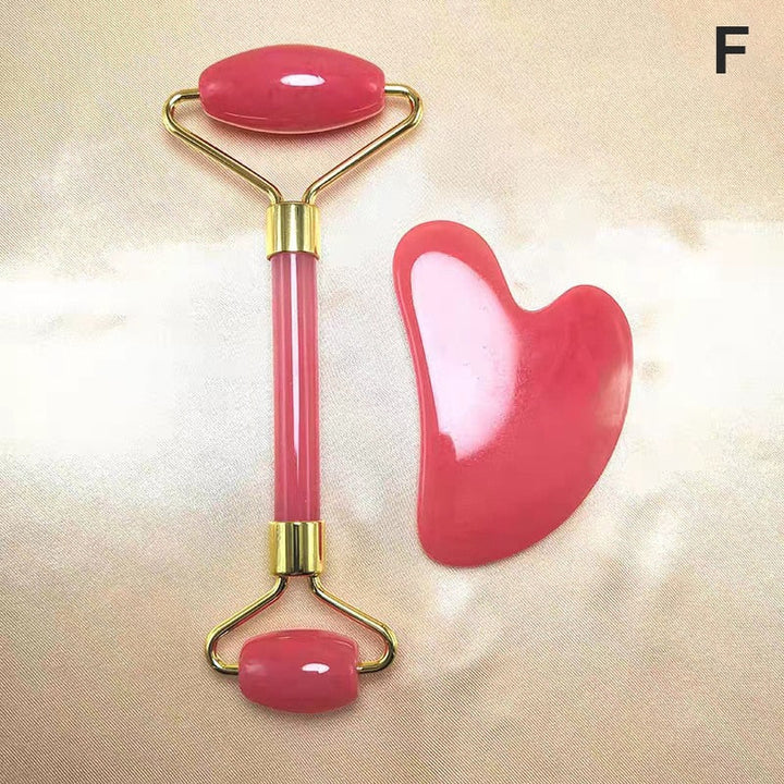 Rosa Gesichtsroller und Gua Sha Set, Massagewerkzeug, Hautpflege, Entspannung, Anti-Aging.