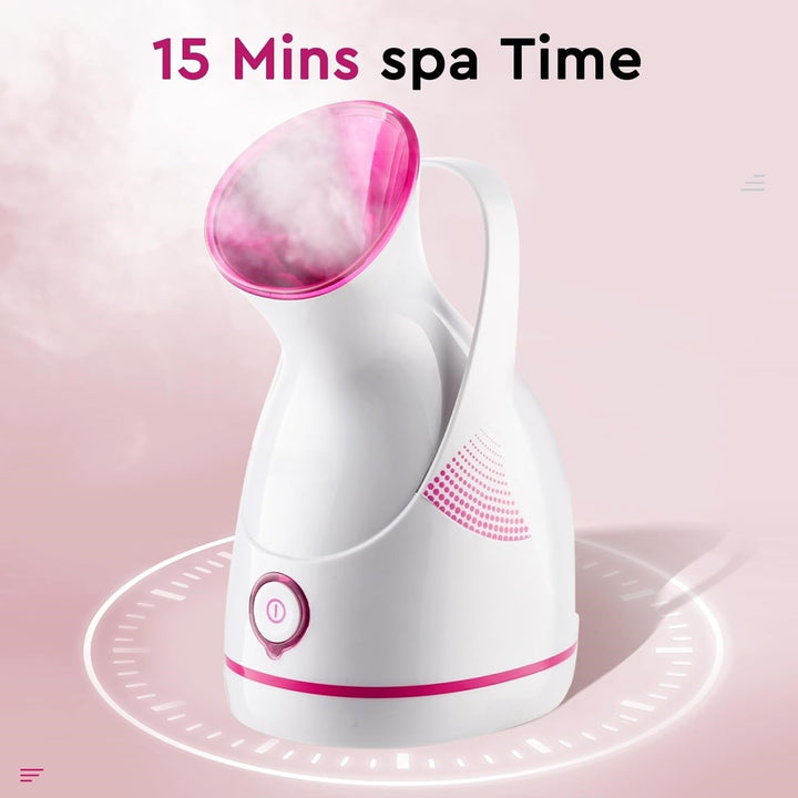 Weißer Gesichtsdampfer mit rosa Akzenten, 15 Minuten Spa-Zeit, Hautpflegegerät.