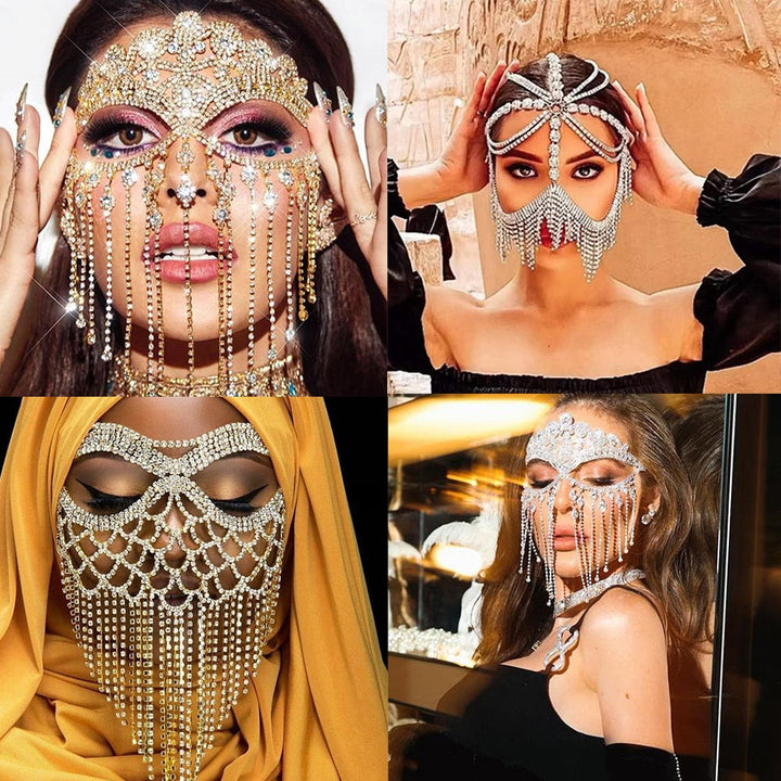 Glamouröse Gesichtsschmuckmasken mit Strasssteinen, funkelnd, modisch, luxuriös, Party-Accessoire.