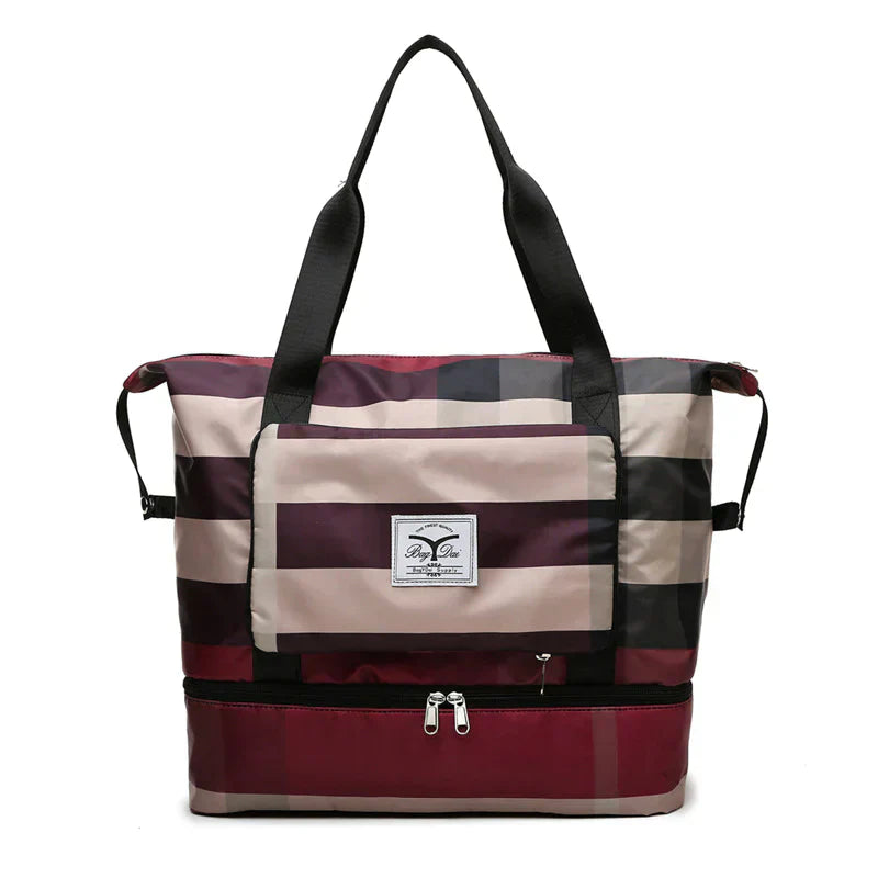 Gestreifte Damenhandtasche, rot-beige, mit Reißverschluss, aus Nylon, modisch und geräumig.