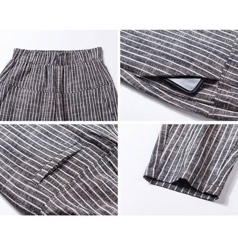 Gestreifte Damenhose, elastischer Bund, Taschen, Baumwolle, lässig, modisch, bequem.