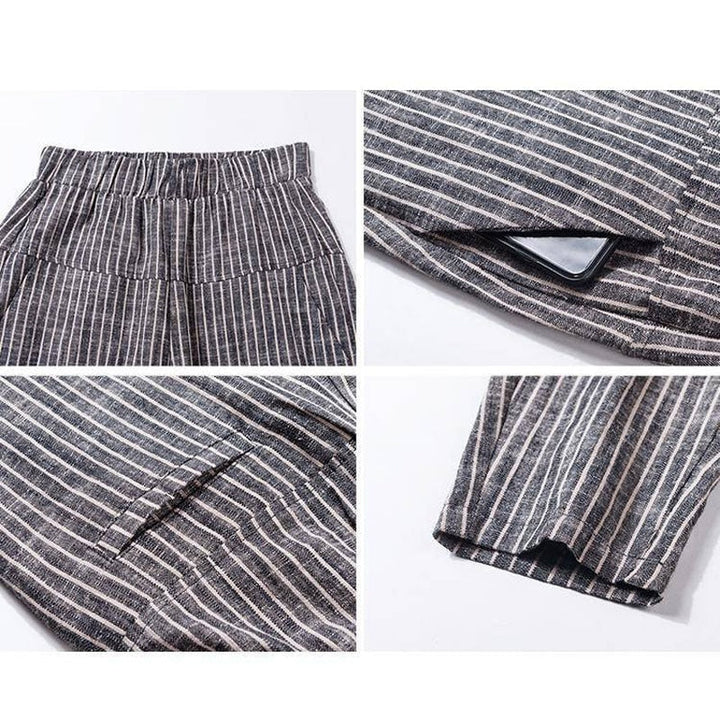 Gestreifte Damenhose, elastischer Bund, Taschen, Baumwolle, lässig, modisch, bequem.