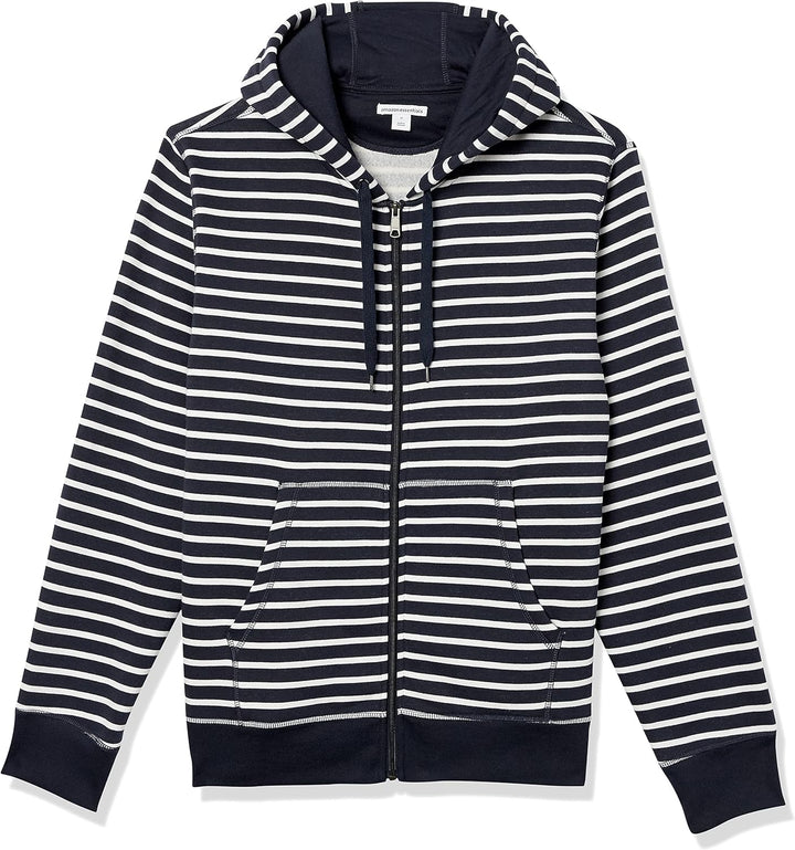 Schwarz-weiß gestreifter Kapuzenpullover mit Reißverschluss, Baumwolle, Herrenmode.