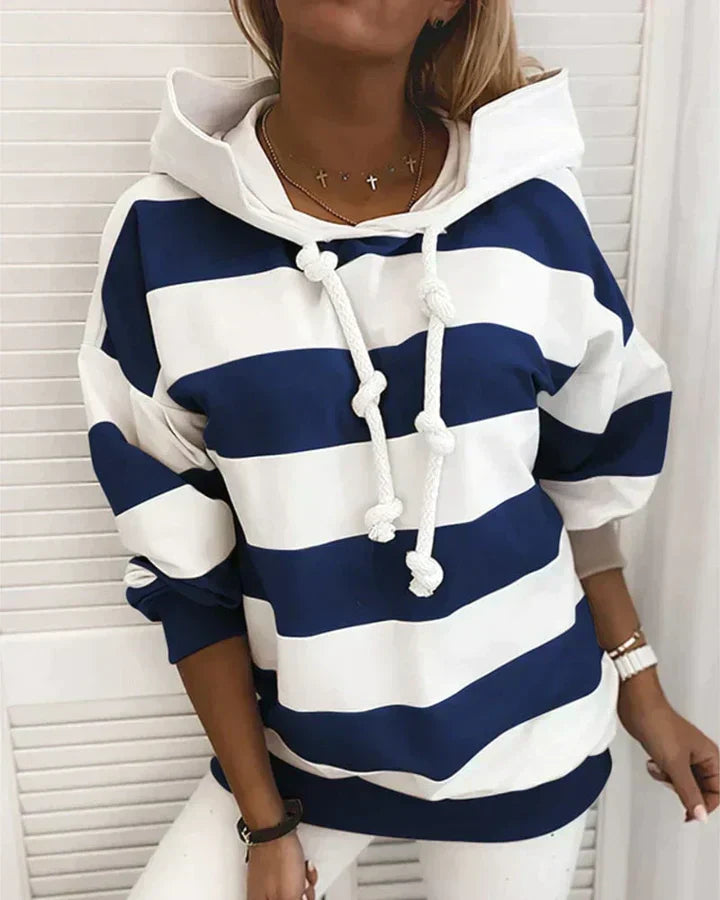 Damen Kapuzenpullover, blau-weiß gestreift, Kordelzug, lässig, modisch, Baumwolle.