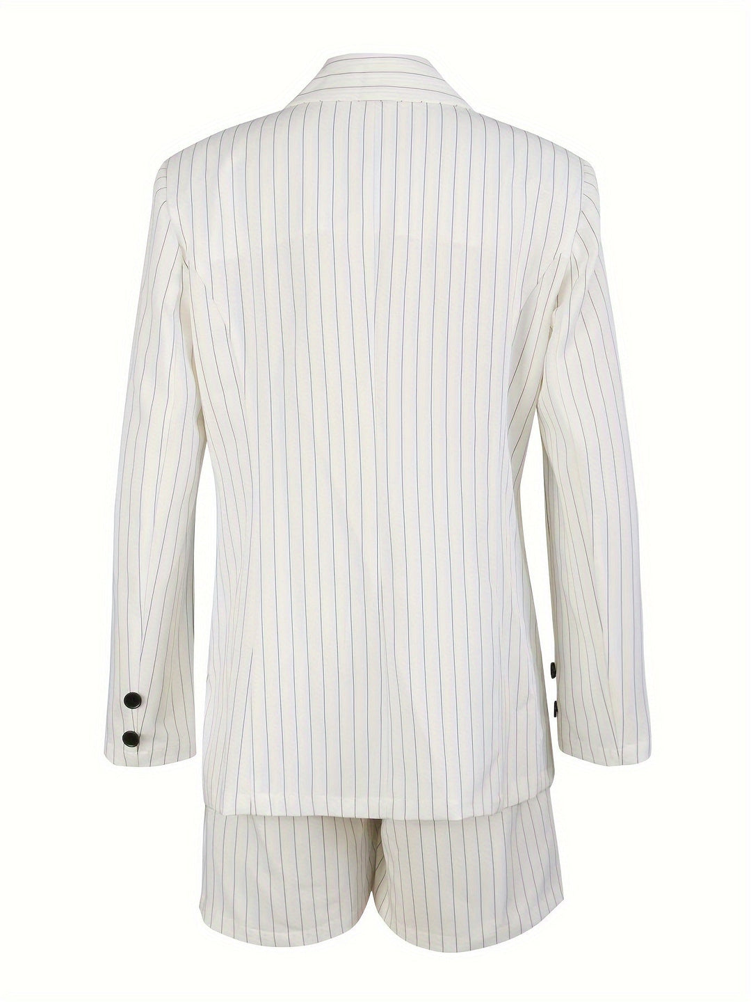 Weißer Nadelstreifenanzug mit Shorts, Herrenmode, elegantes Design, Rückansicht.