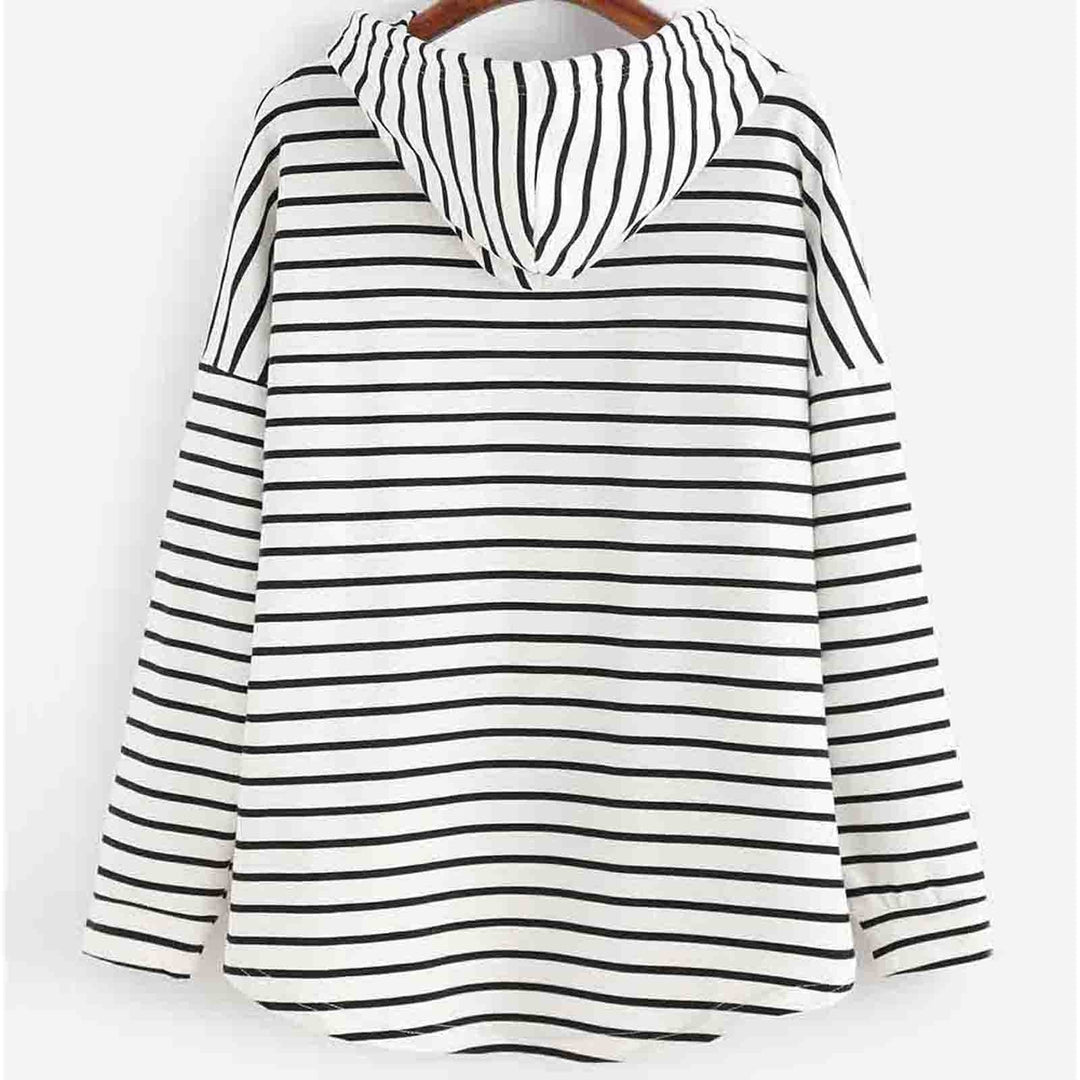 Gestreifter Kapuzenpullover Damen, schwarz-weiß, Baumwolle, lässig, modisch, bequem.
