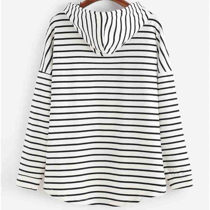 Gestreifter Kapuzenpullover Damen, schwarz-weiß, Baumwolle, lässig, modisch, bequem.