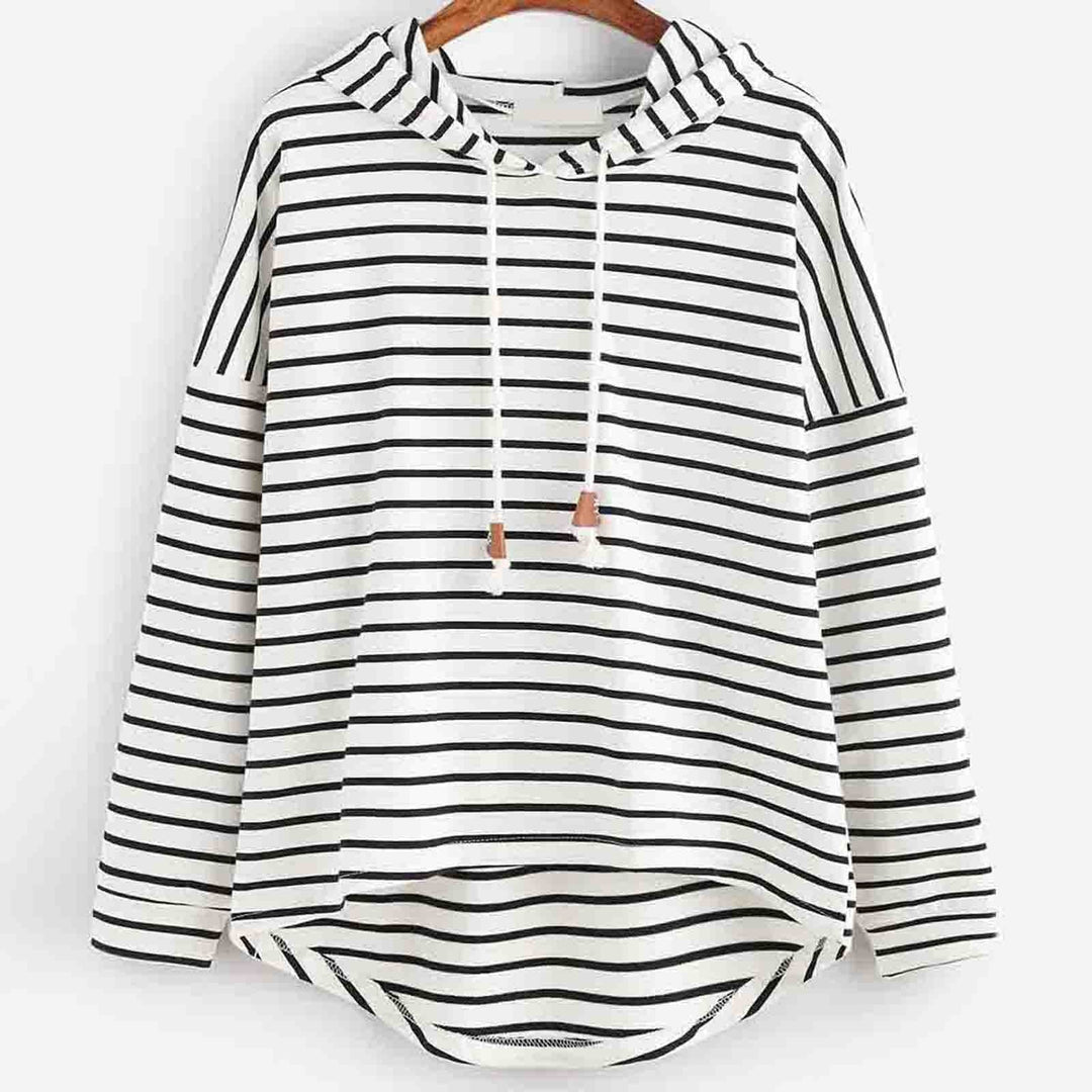 Gestreifter Kapuzenpullover Damen, weiß-schwarz, Baumwolle, lässig, modisch, bequem.
