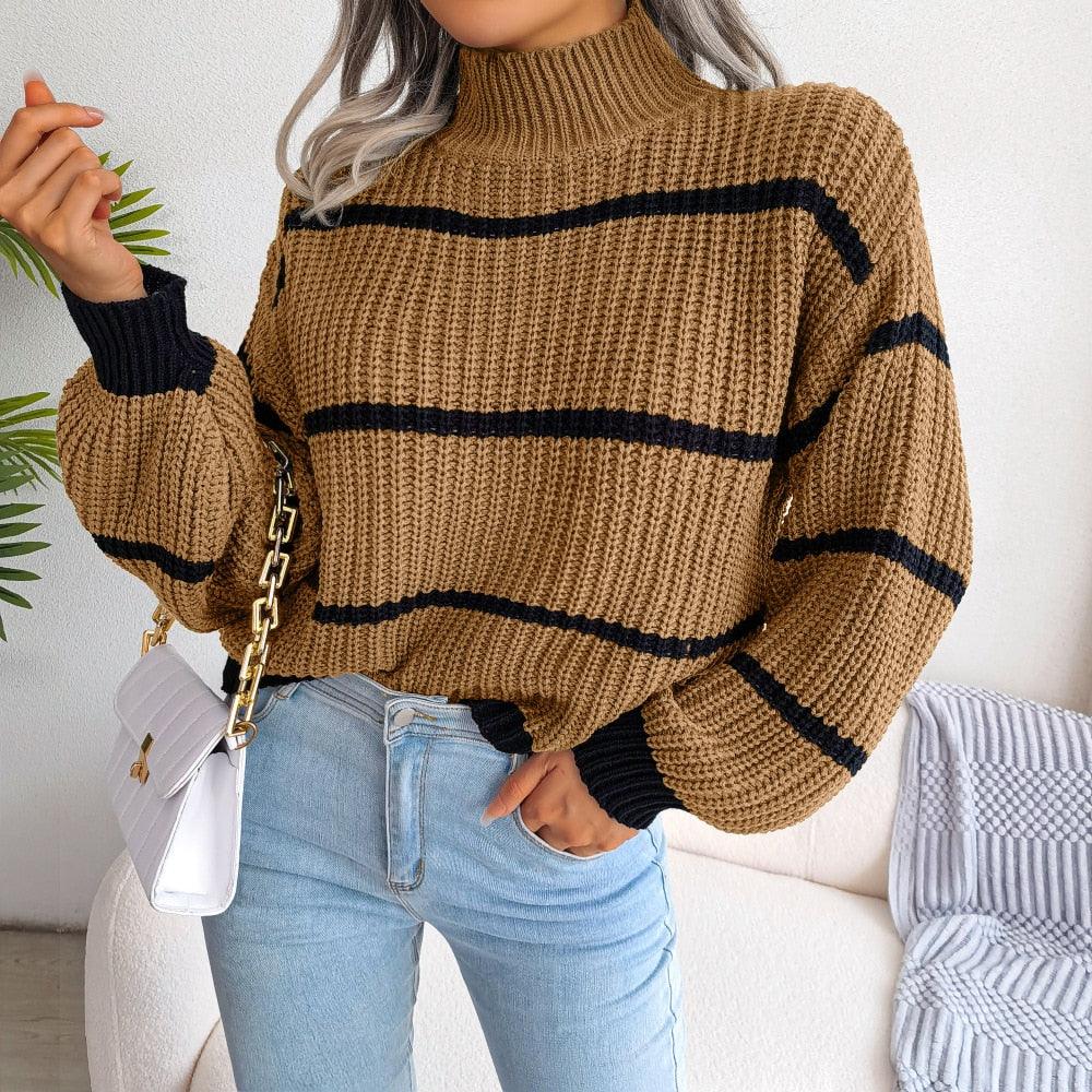 Damen Strickpullover braun-schwarz gestreift, Rollkragen, lässig, Herbstmode, Baumwolle.