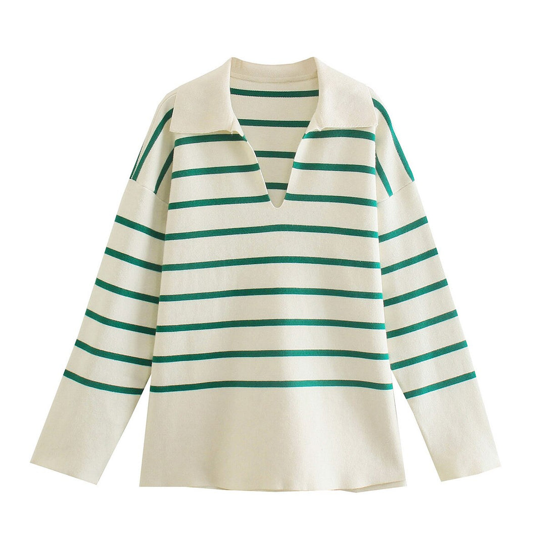 Gestreifter Pullover Damen, grün-weiß, V-Ausschnitt, Langarm, Baumwolle, modisch, bequem.