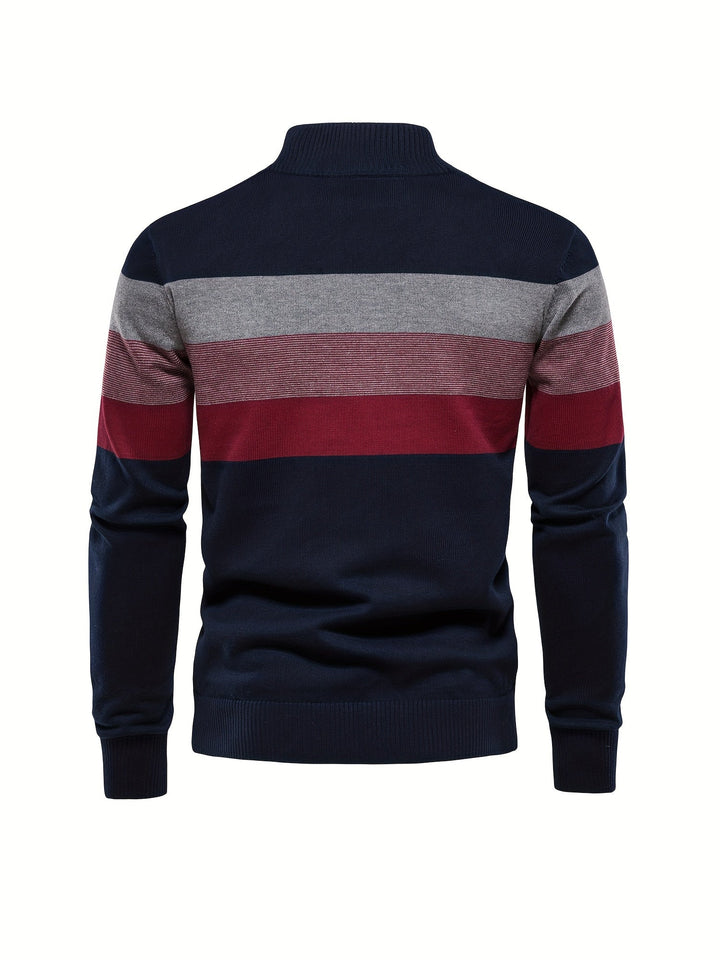 Herrenpullover gestreift, blau-grau-rot, Baumwolle, modisch, warm, langärmelig, Wintermode.
