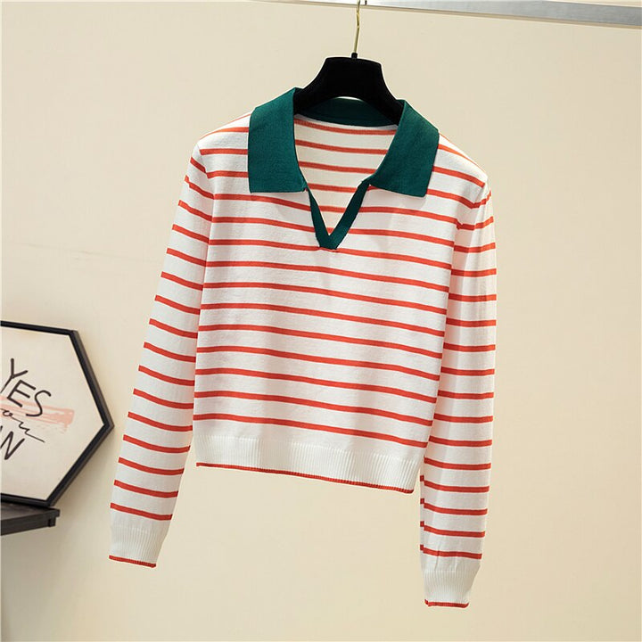 Gestreifter Pullover Damen, rot-weiß, grüner Kragen, modisch, bequem, Baumwolle.