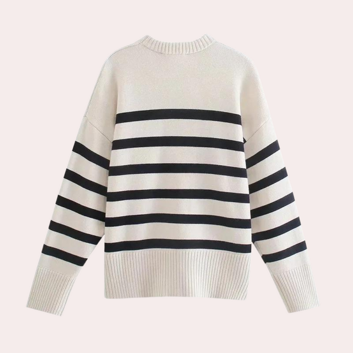 Damenpullover gestreift, weiß und schwarz, Baumwolle, modisch, bequem, langärmelig.