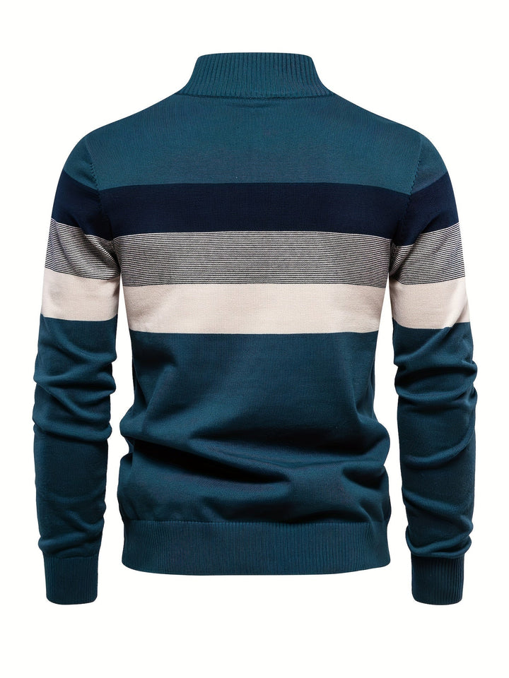 Herrenpullover gestreift, blau-grau, Baumwolle, modisch, langärmelig, Herbstmode.