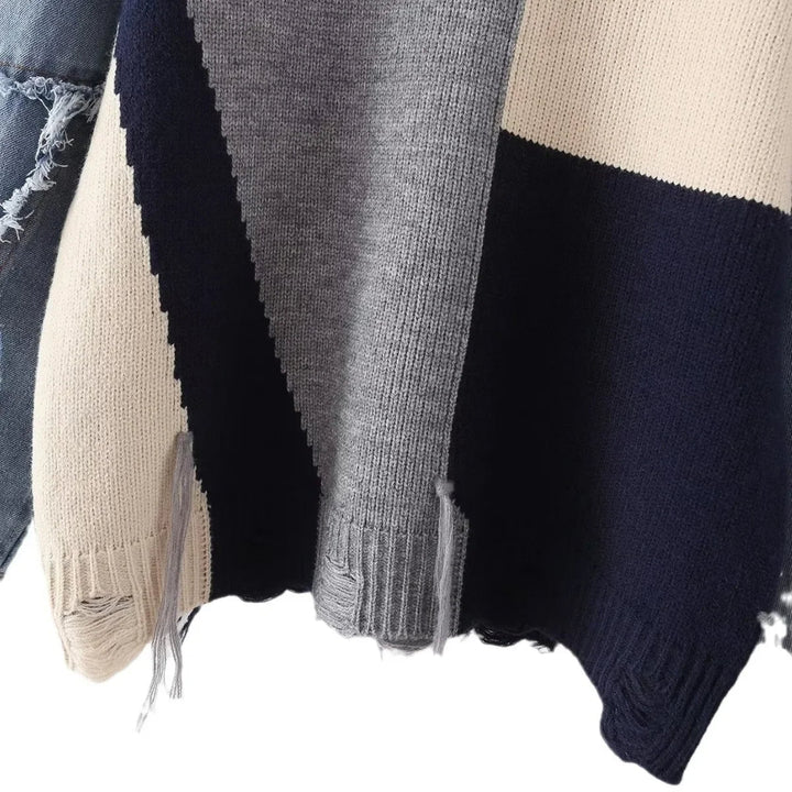 Strickpullover, gestreift, blau-grau-beige, Baumwolle, modisch, lässig, Damenmode.