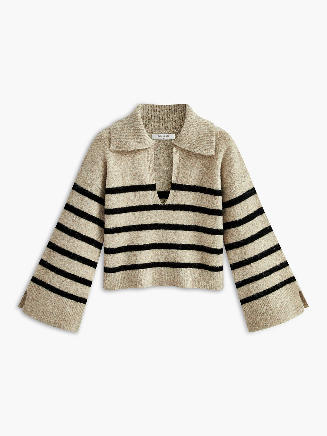 Beiger Strickpullover mit schwarzen Streifen, V-Ausschnitt und weitem Kragen für Damenmode.
