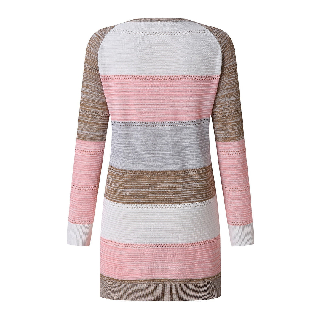Damen Strickkleid, gestreift, rosa-braun-grau, langärmelig, Baumwolle, modisch, bequem.