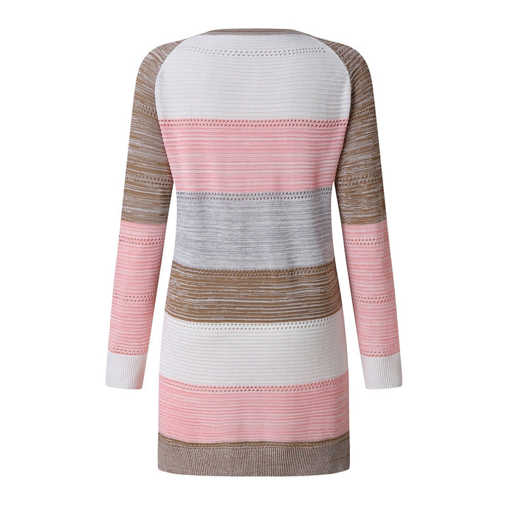 Damen Strickkleid, gestreift, rosa-braun-grau, langärmelig, Baumwolle, modisch, bequem.