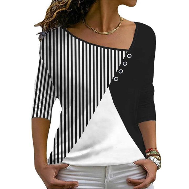 Damenbluse schwarz-weiß gestreift, asymmetrisch, 3/4-Ärmel, lässig, modisch.