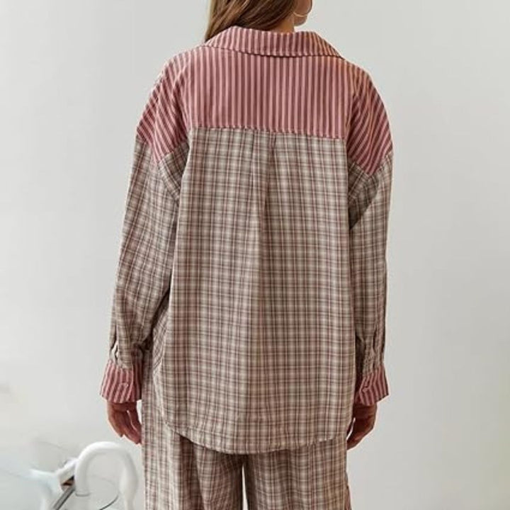 Damenhemd kariert und gestreift, rosa und beige, Baumwolle, lässig, modisch, Rückansicht