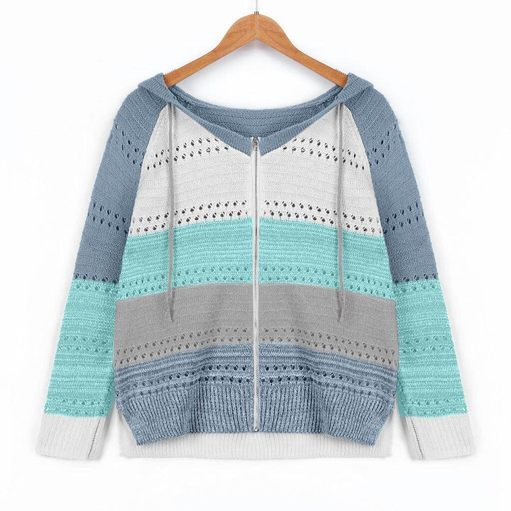 Gestreifte Damen-Strickjacke, blau-grau, Kapuze, Reißverschluss, Baumwolle, modisch.