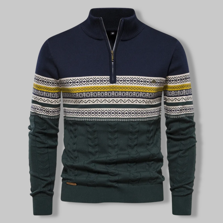 Dunkelblauer Herrenpullover mit Zopfmuster, Reißverschluss, skandinavisches Design, Baumwolle.
