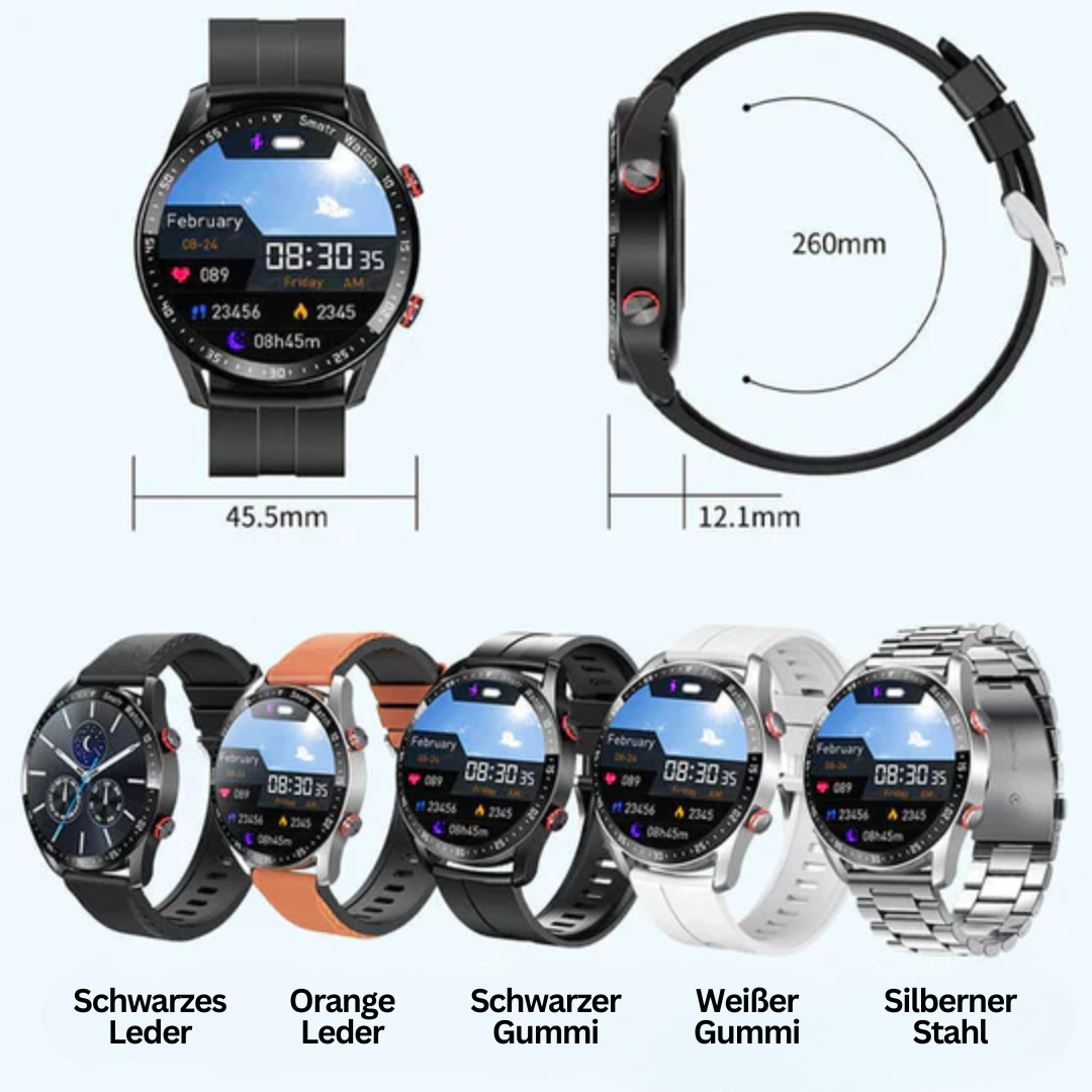 Smartwatch HealthSync Pro, verschiedene Armbänder, Leder und Gummi, Schwarz, Orange, Silber.