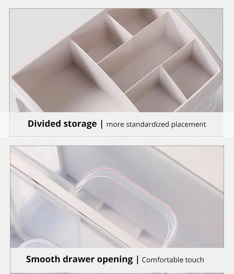 Transparente Kunststoff-Aufbewahrungsbox mit Fächern, glatte Schubladenöffnung, platzsparend.