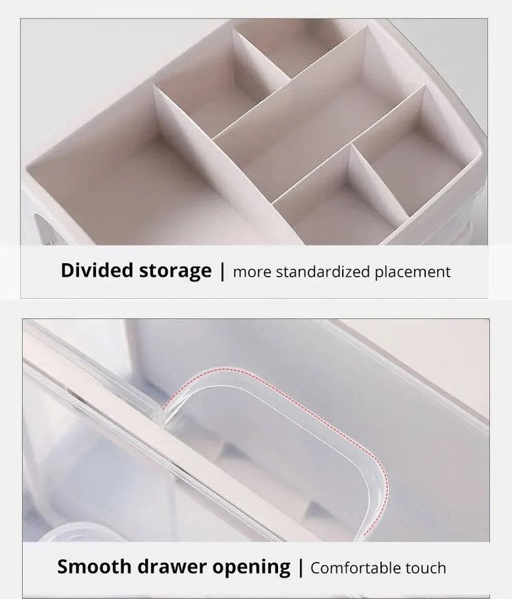 Transparente Kunststoff-Aufbewahrungsbox mit Fächern, glatte Schubladenöffnung, platzsparend.