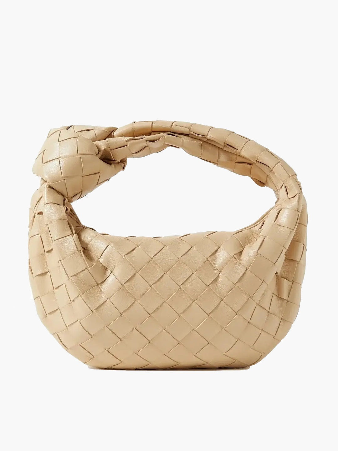 Beige geflochtene Mini-Tasche aus Leder, modisches Accessoire, handgefertigt, elegant.