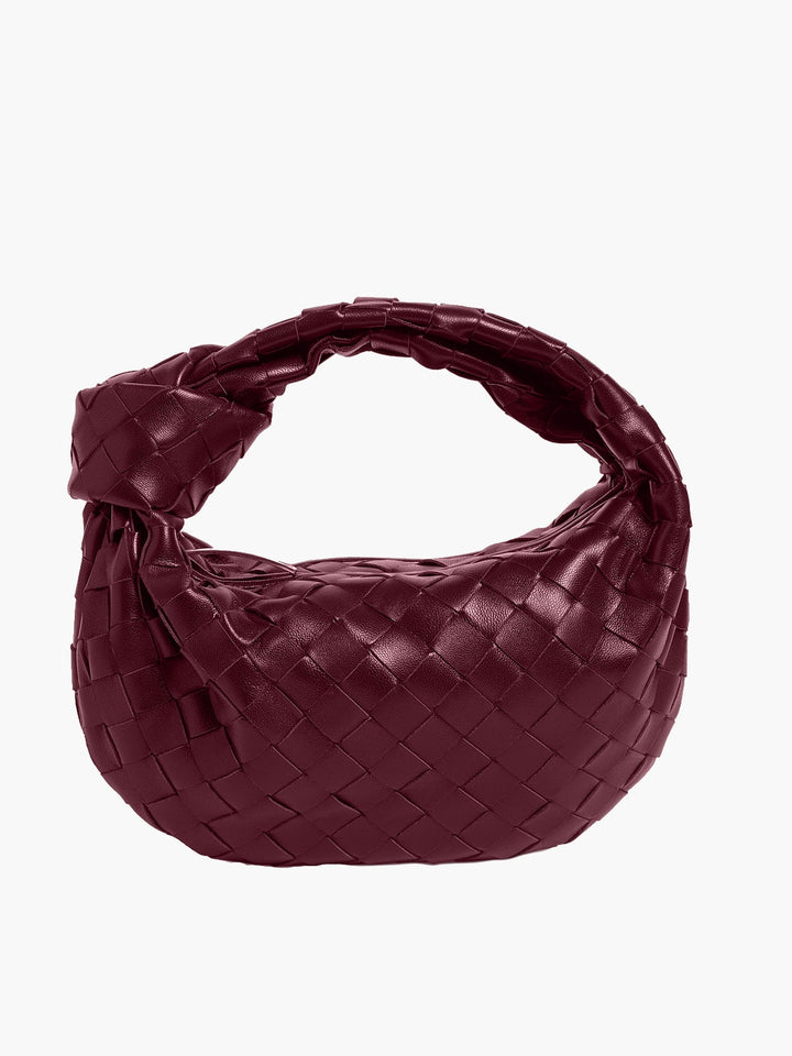 Burgunderrote Mini-Handtasche aus geflochtenem Leder, modisch und elegant.