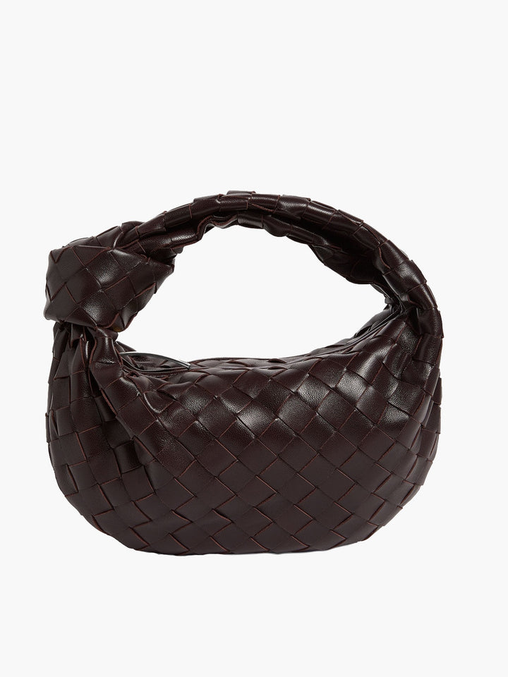 Braune geflochtene Mini-Handtasche aus Leder, modisches Accessoire, Damenmode, elegant.