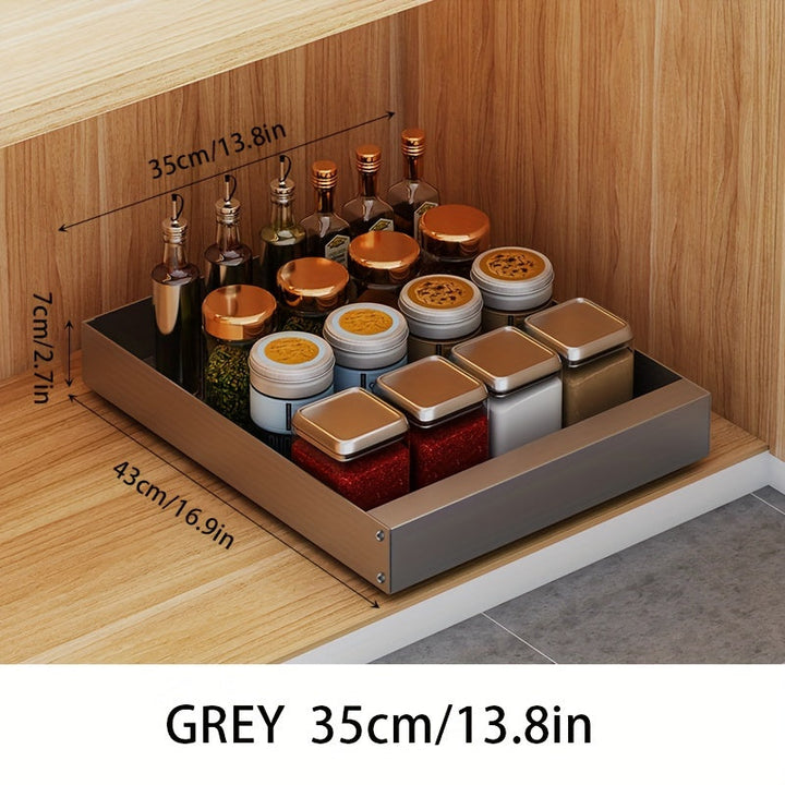 Graue Gewürzschublade 35cm, gefüllt mit Gewürzgläsern, Holzregal, Küche, Aufbewahrungslösung.