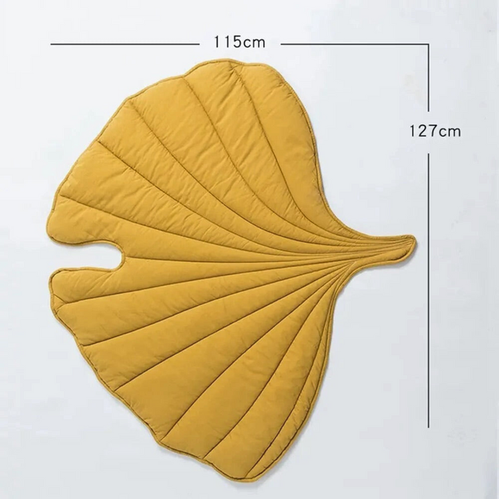 Gelbe, blattförmige Spielmatte für Kinder, 115x127cm, doppelseitig, weiches Material.
