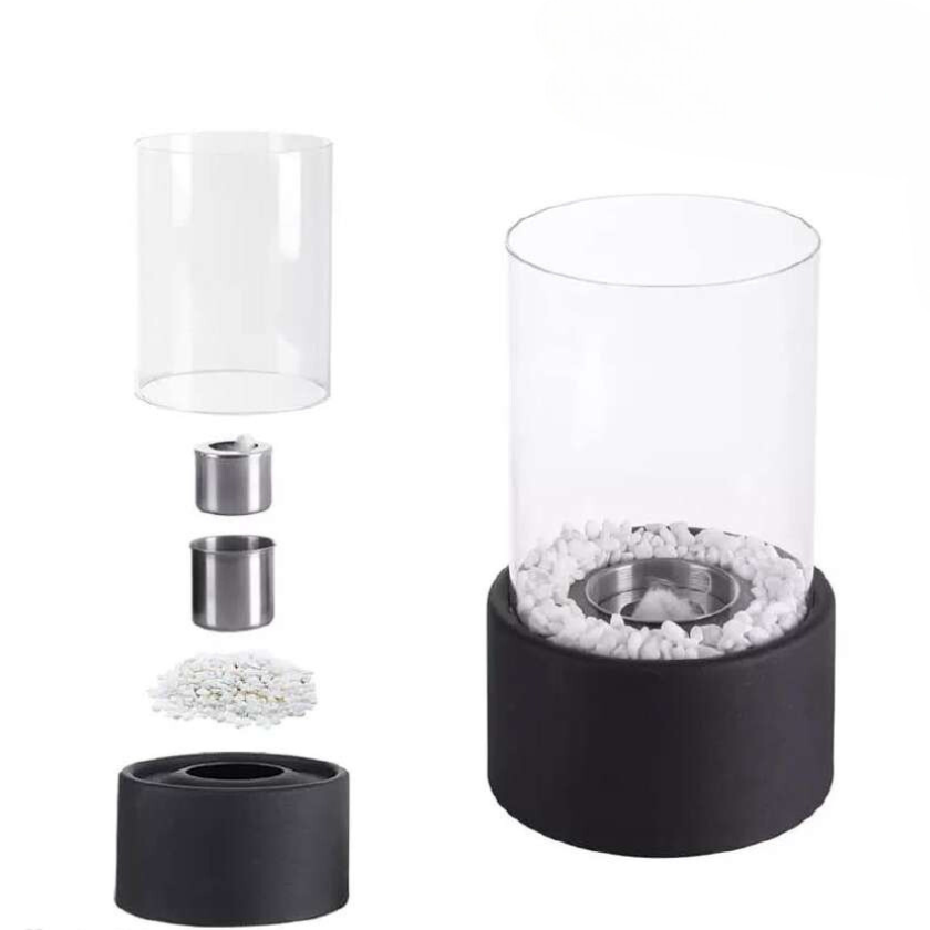Glas-Öllampe mit schwarzem Sockel, weißen Steinen, Edelstahlbrenner, dekorative Beleuchtung.