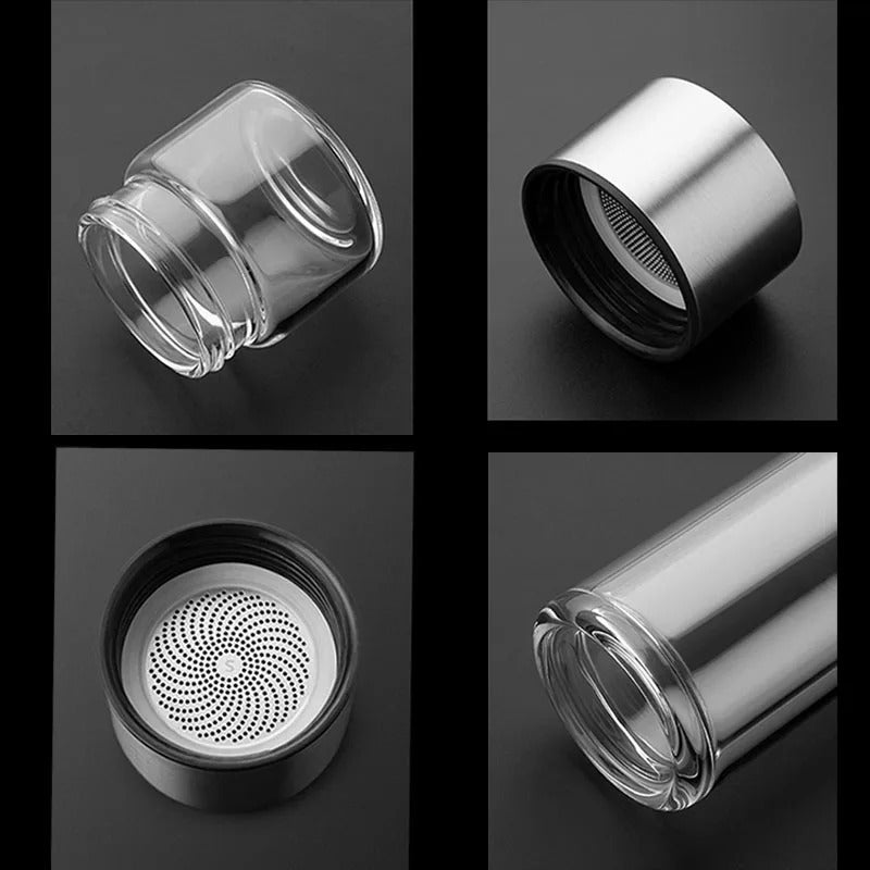 Glas-Teekanne mit Edelstahlfilter, modernes Design, transparent, ideal für Teeaufgüsse.