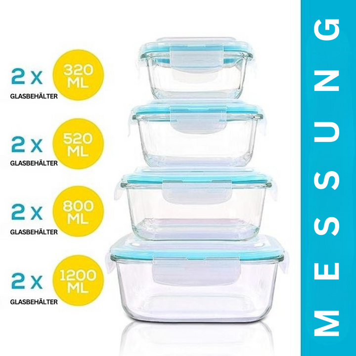 Stapelfähige Glasbehälter mit blauen Deckeln, 320ml bis 1200ml, auslaufsicher, BPA-frei.