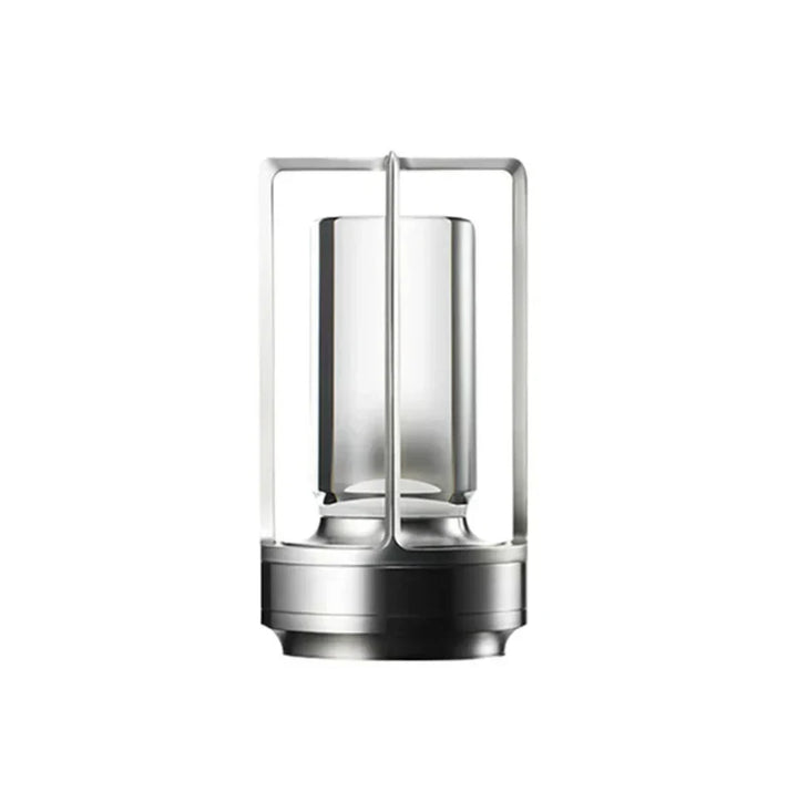 Moderne LED-Tischlampe, silber, Glaszylinder, minimalistisches Design, Innenbeleuchtung.