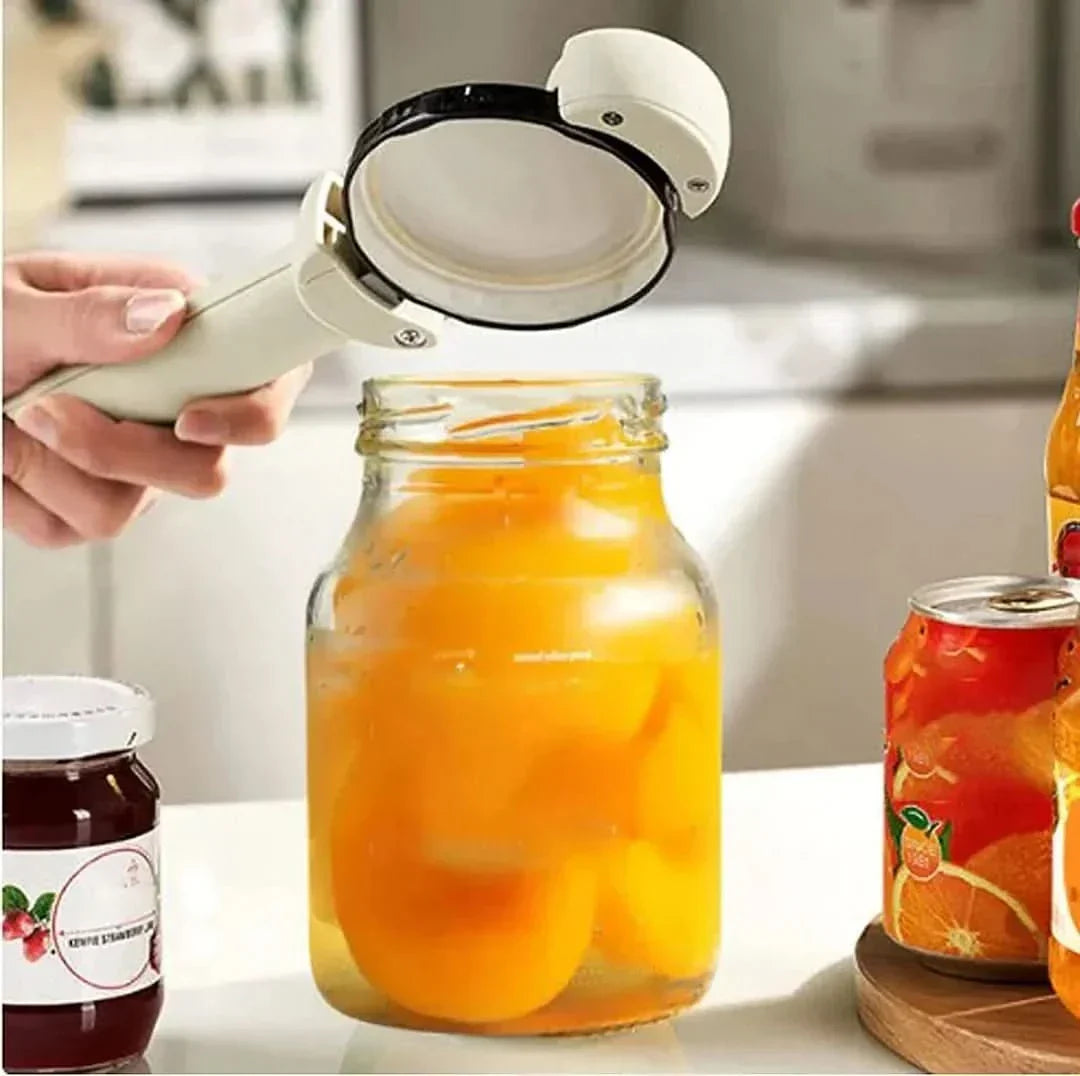 Multifunktionaler Dosenöffner, weiß, Glas mit eingelegten Pfirsichen, Küche, praktisches Werkzeug.