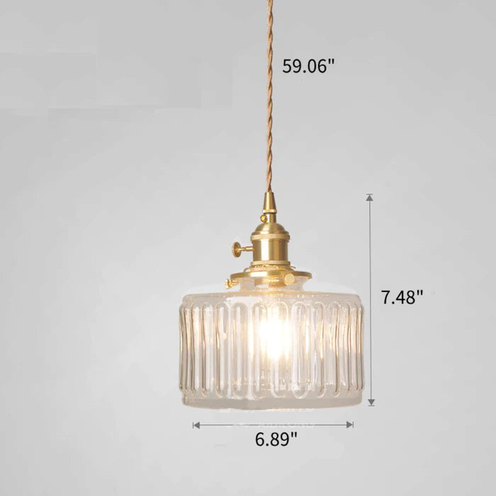 Hängelampe aus Glas und Messing, geriffelt, Vintage-Stil, 59 Zoll Kabel, 7 Zoll Höhe.