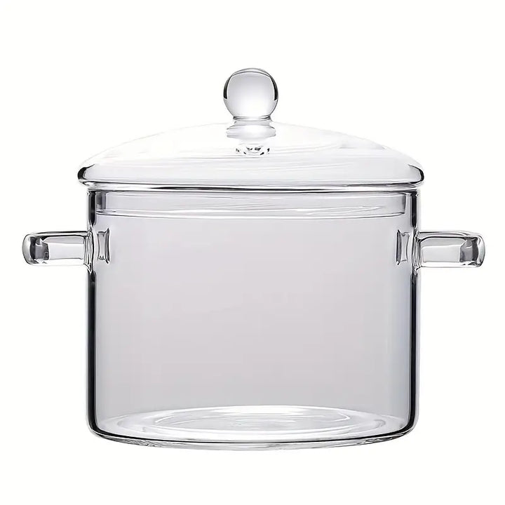 Glas-Kochtopf mit Deckel, transparent, hitzebeständig, ideal für Suppen und Eintöpfe.