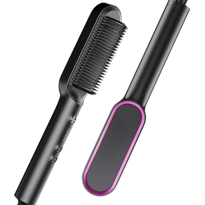 Schwarze elektrische Haarglättbürste mit lila Akzent, ideal zum schnellen Glätten und Stylen.
