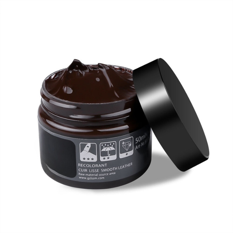Dunkelbraune Lederfarbe Creme, 50ml, für Glattlederpflege, mit schwarzem Deckel.