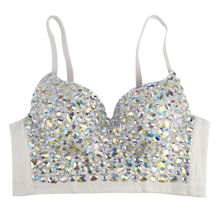Weiße BH mit glitzernden Kristallen, Push-up, verstellbare Träger, Damenunterwäsche.
