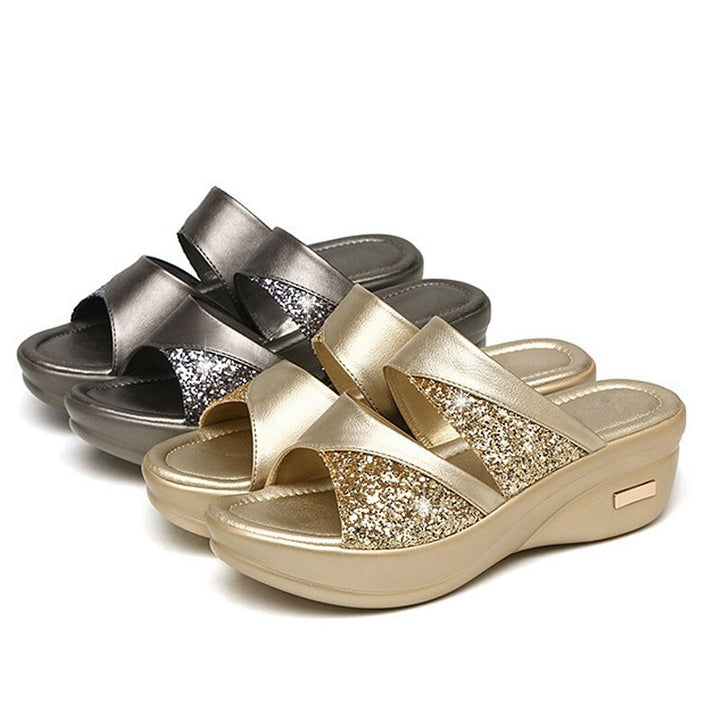 Damen Sandalen, gold und silber, Glitzer, Plateau, bequem, modisch, Sommer, rutschfest.